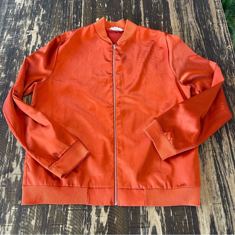PAINTED THREADS 💕 Oversized Faux Satin Rust Orange Bomber Jacket - X-LARGE